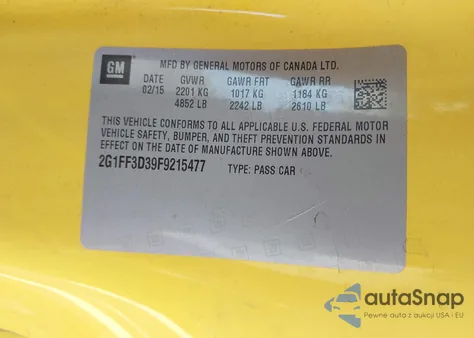 2015 Chevrolet Camaro 2Lt из США, поврежденный, VIN 2G1FF3D39F9215477